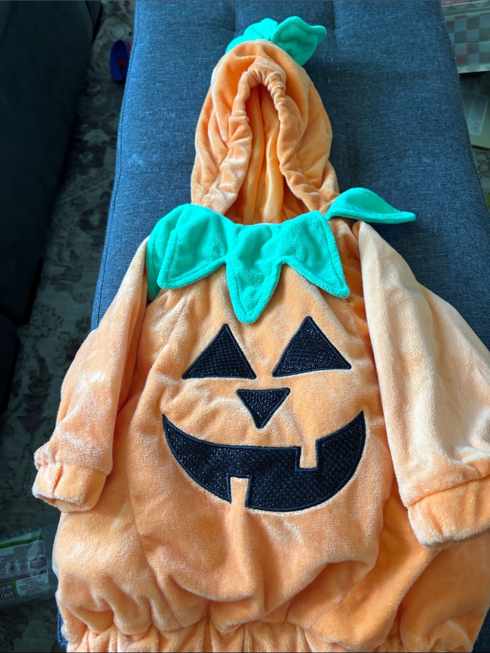Lightly stuffed Orange Plush Pumpkin Hooded Costume with Green Leaf Collar